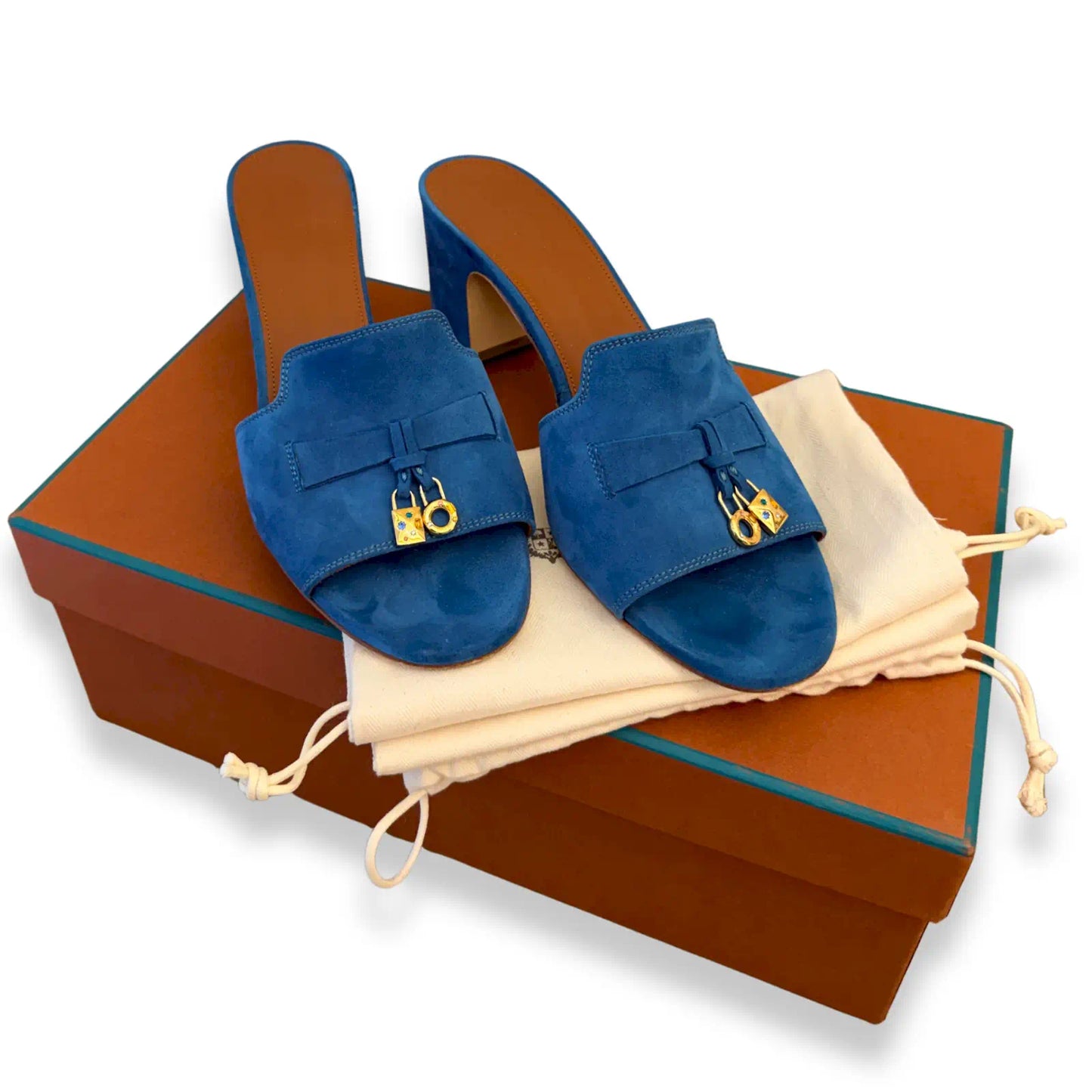 LORO PIANA BLUE GREEN SUMMER CHARMS HEELED SANDALS