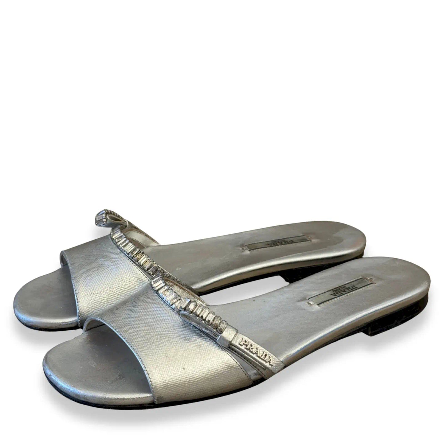 PRADA SILVER CRYSTAL-EMBELLISHED SLIDE SANDALS