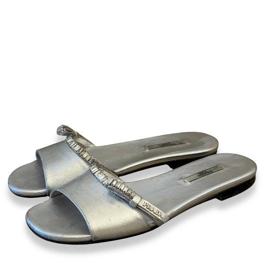 PRADA SILVER CRYSTAL-EMBELLISHED SLIDE SANDALS