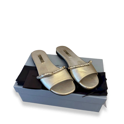 PRADA SILVER CRYSTAL-EMBELLISHED SLIDE SANDALS