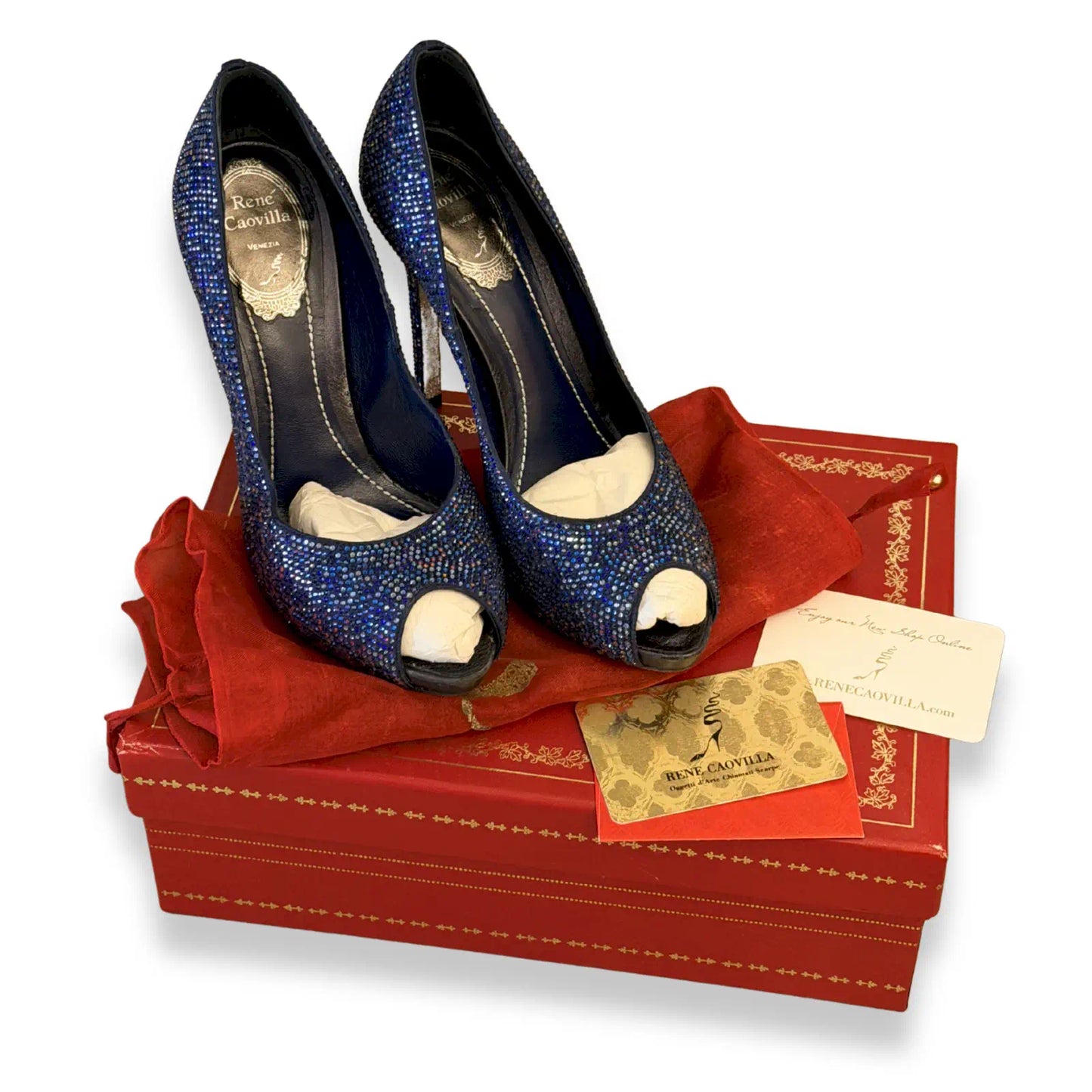 RENÉ CAOVILLA BLUE CRYSTAL PEEP-TOE HEELS