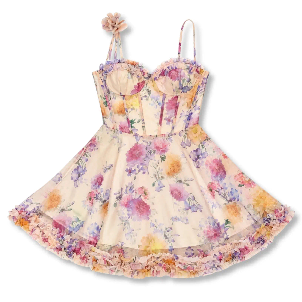 ZIMMERMANN CREAM MULTICOLOUR FLORAL MINI DRESS