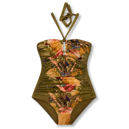 ZIMMERMANN KHAKI PALM FLORAL ASCENSION SWIMSUIT
