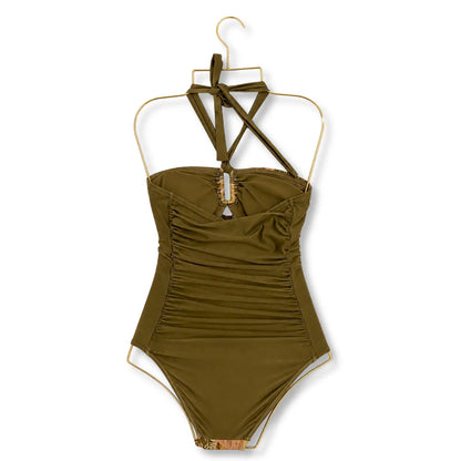 ZIMMERMANN KHAKI PALM FLORAL ASCENSION SWIMSUIT