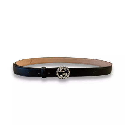 GUCCI BLACK LEATHER & CRYSTALS DOUBLE G BELT