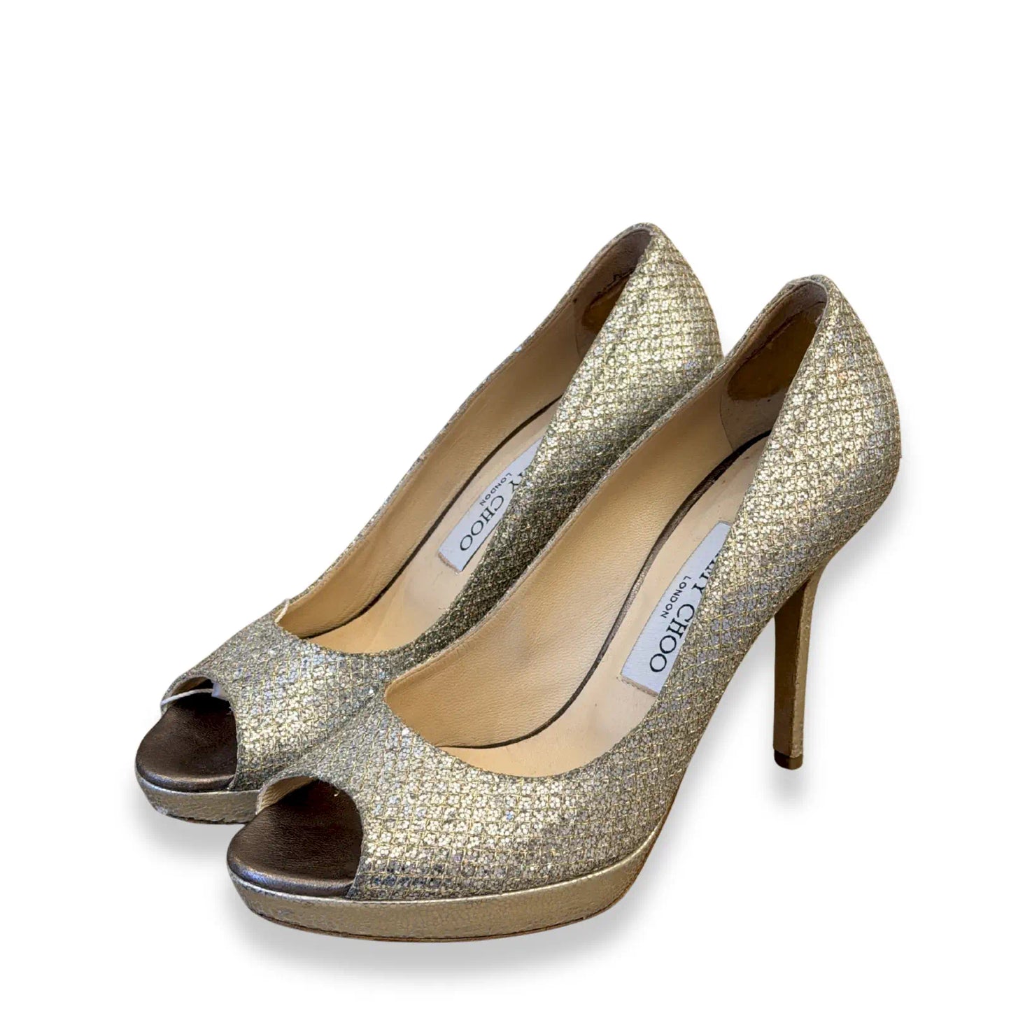 JIMMY CHOO GOLD GLITTER SANDAL HEELS