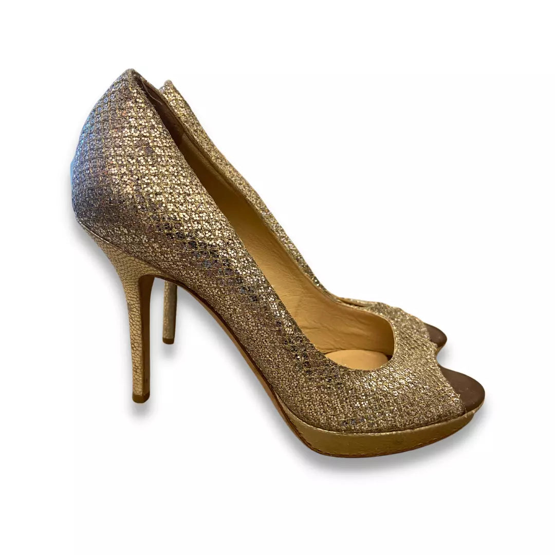 JIMMY CHOO GOLD GLITTER SANDAL HEELS