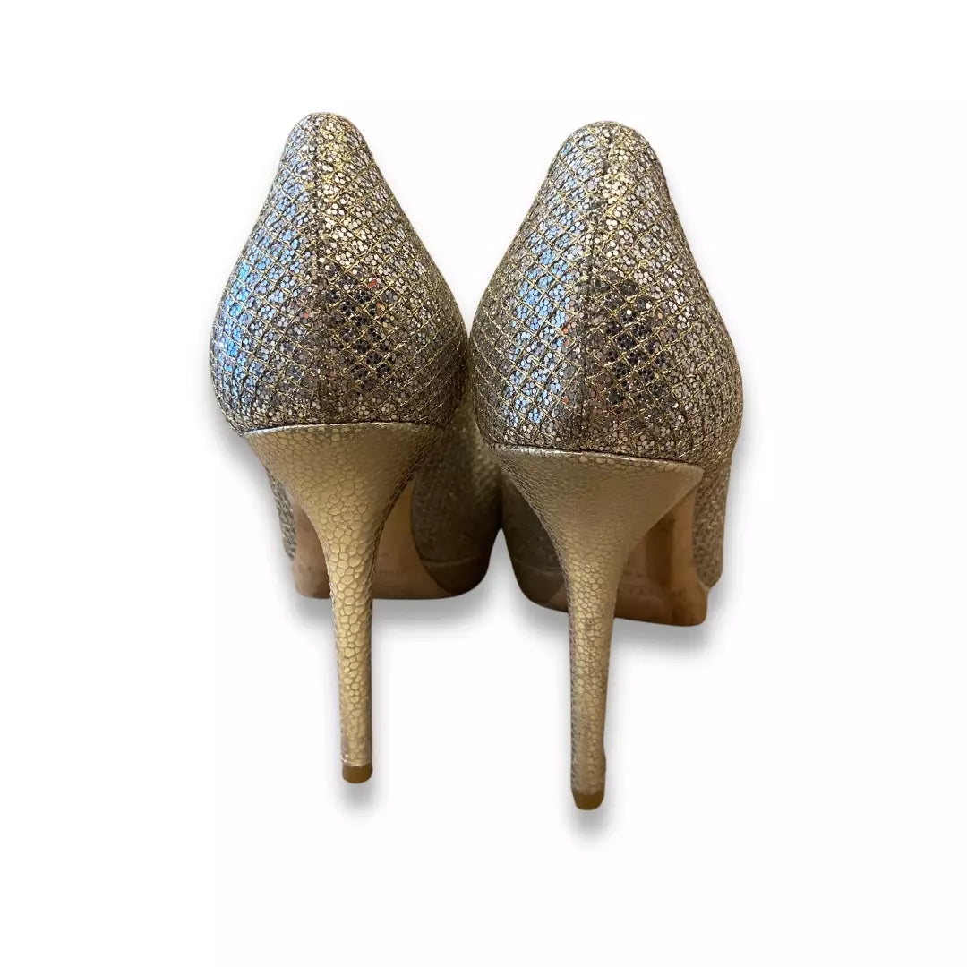 JIMMY CHOO GOLD GLITTER SANDAL HEELS