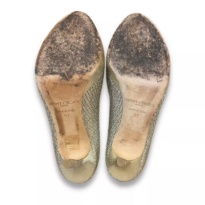 JIMMY CHOO GOLD GLITTER SANDAL HEELS