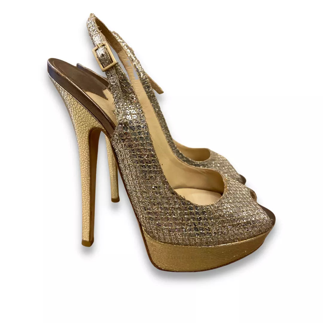 JIMMY CHOO GOLD GLITTER SANDAL HEELS