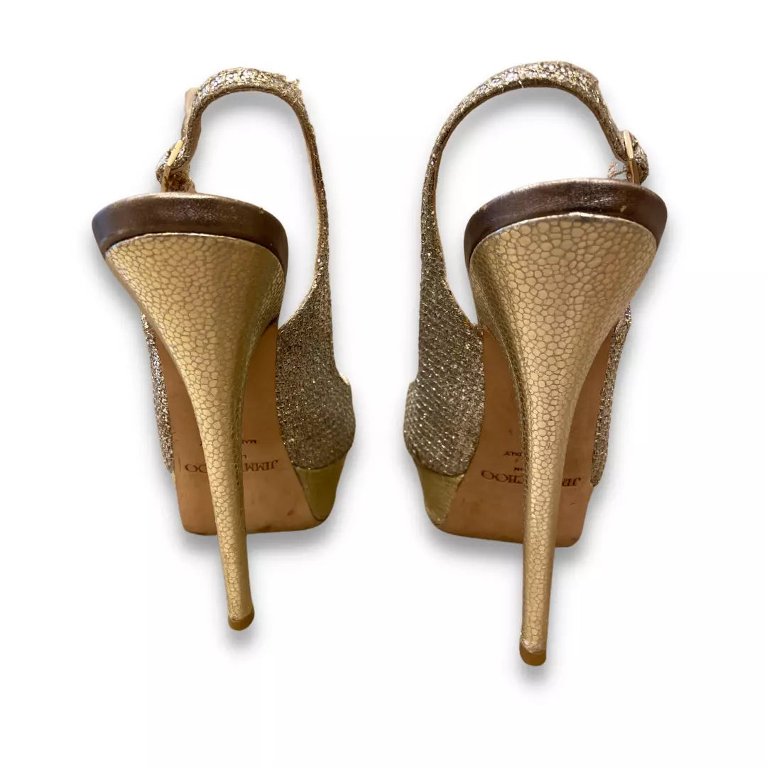 JIMMY CHOO GOLD GLITTER SANDAL HEELS