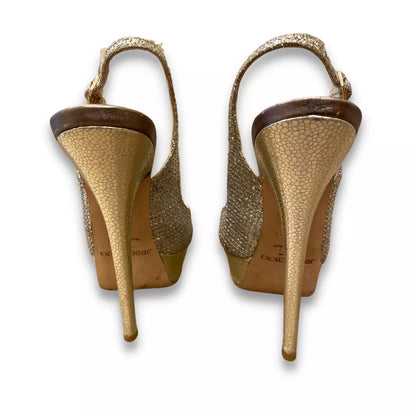 JIMMY CHOO GOLD GLITTER SANDAL HEELS