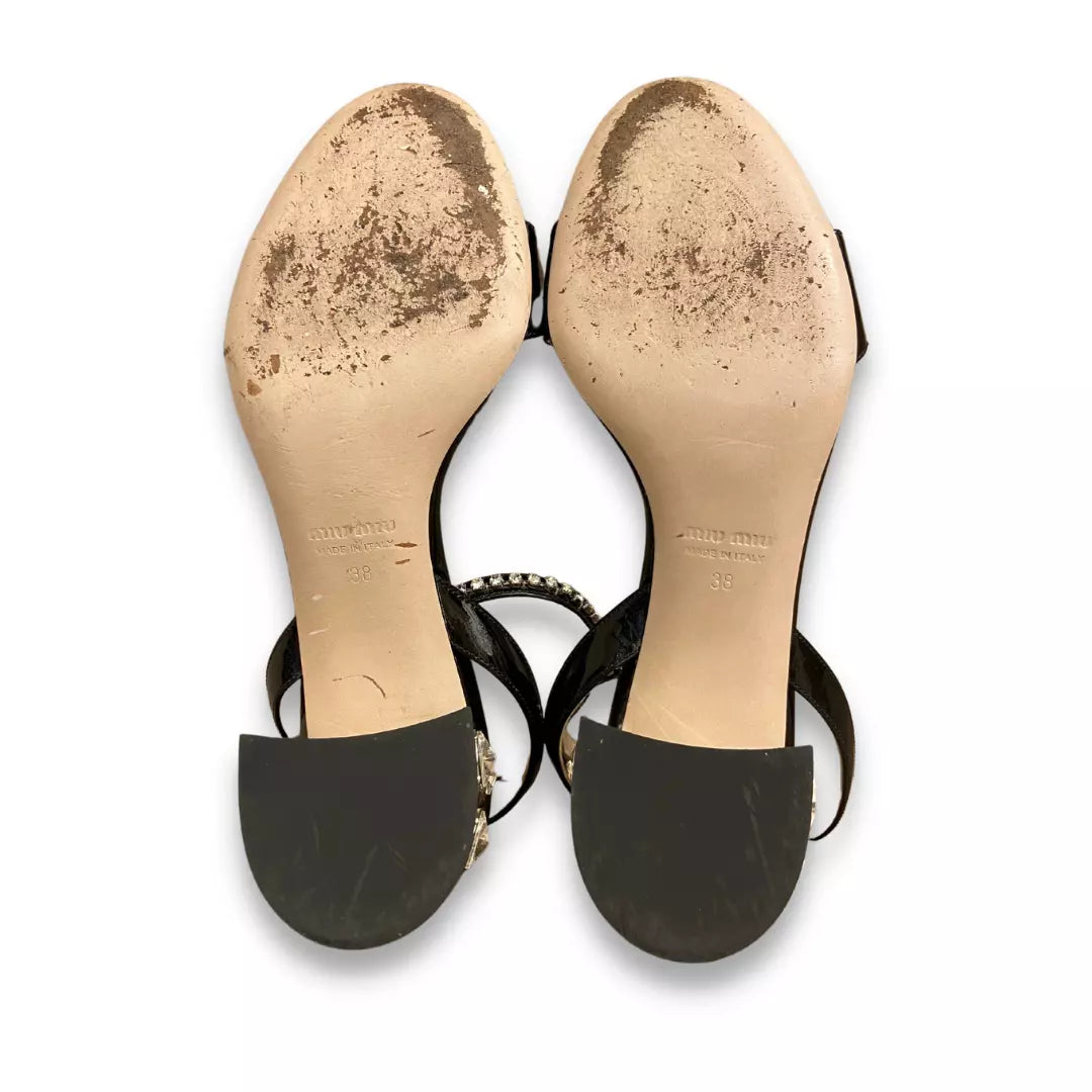 MIU MIU BLACK LEATHER CRYSTAL BLOCK SANDALS