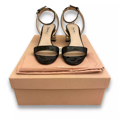 MIU MIU BLACK LEATHER CRYSTAL BLOCK SANDALS