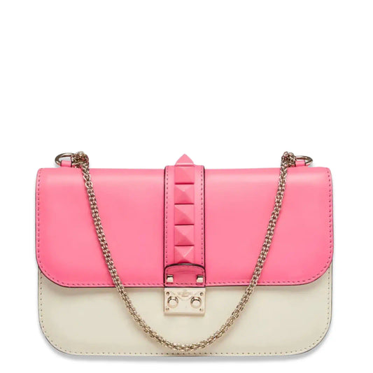 VALENTINO PINK & WHITE GLAM ROCKSTUD LOCK CHAIN BAG