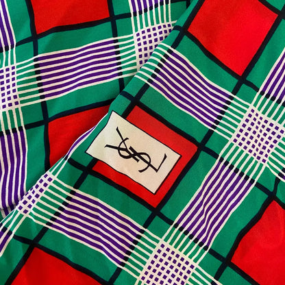 Yves Saint Laurent YSL RED SILK TARTAN SCARF