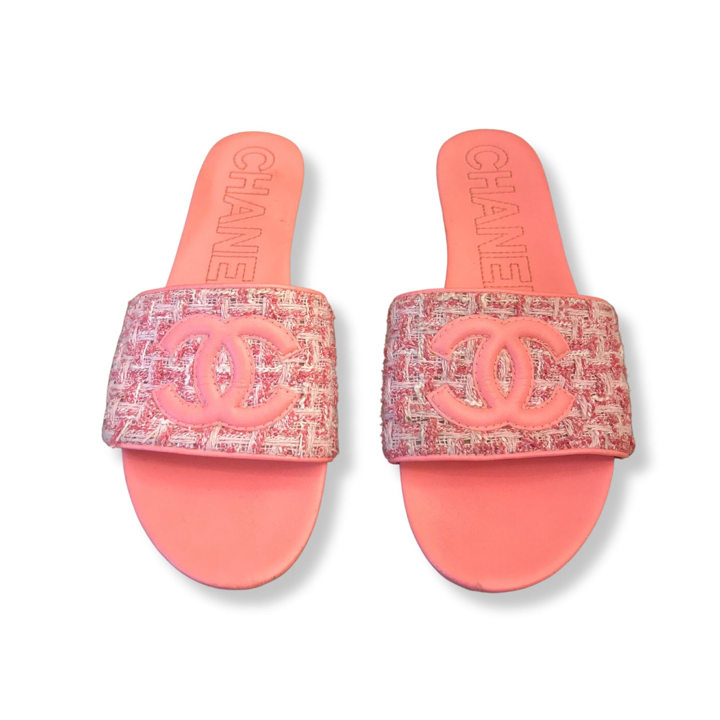 CHANEL PINK TWEED AND LEATHER CC SLIDES