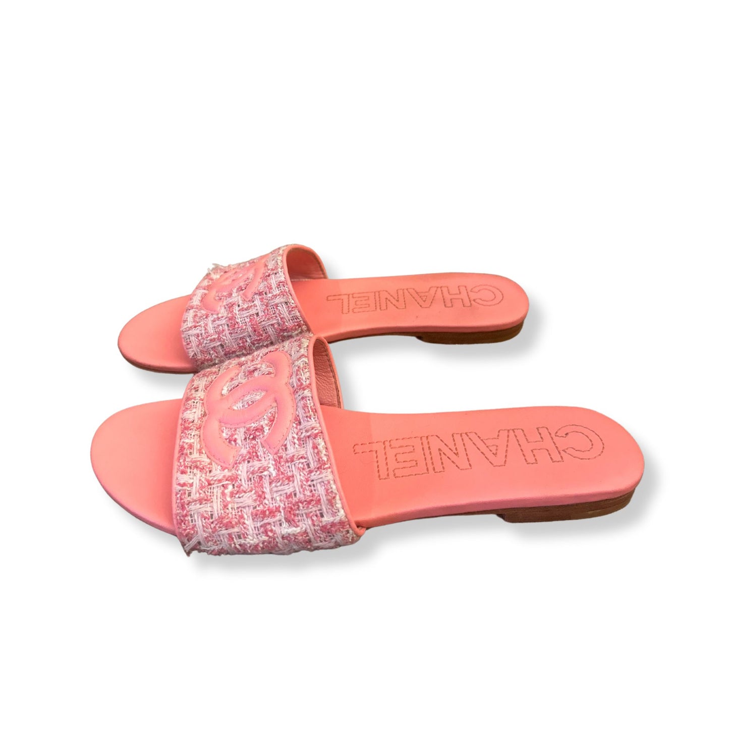 CHANEL PINK TWEED AND LEATHER CC SLIDES