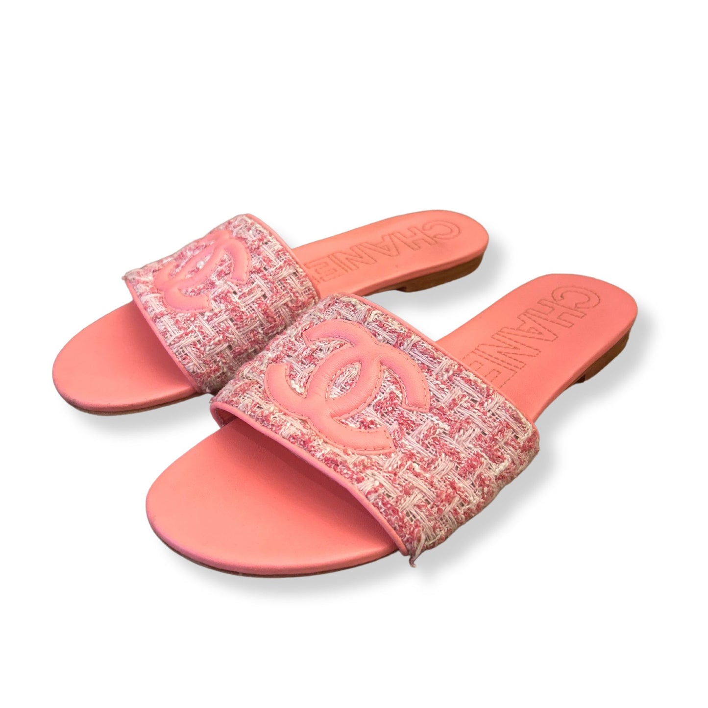 CHANEL PINK TWEED AND LEATHER CC SLIDES