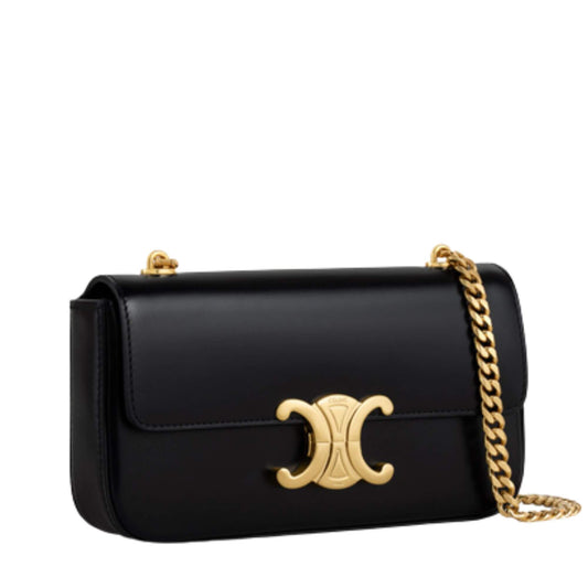BOLSO DE HOMBRO CELINE CLAUDE CON CADENA EN PIEL DE BECERRO BRILLANTE NEGRO