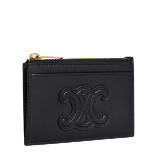 CELINE TARJETERO CON CREMALLERA CUIR TRIOMPHE EN PIEL DE BECERRO BRILLANTE NEGRO