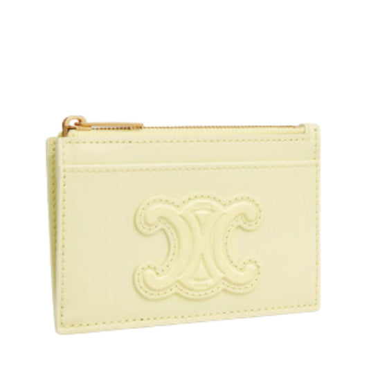 TARJETERO CELINE CON CREMALLERA CUIR TRIOMPHE EN PIEL DE BECERRO BRILLANTE AMARILLO CLARO