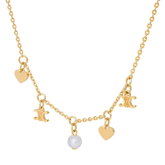 COLLAR CELINE COEUR CHARMS DE LATÓN CON ACABADO DORADO Y PERLA DE RESINA