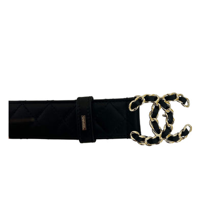 CINTURÓN DE CADENA CC DE CUERO NEGRO DE CHANEL
