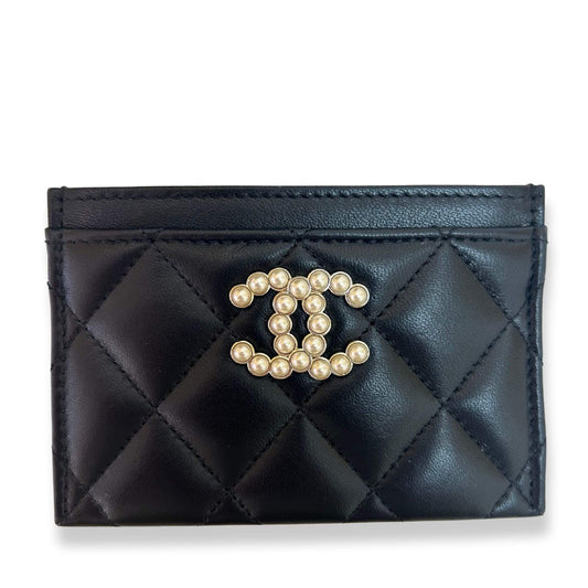 CHANEL BLACK LEATHER CLASSIC PEARLS CARDHOLDER