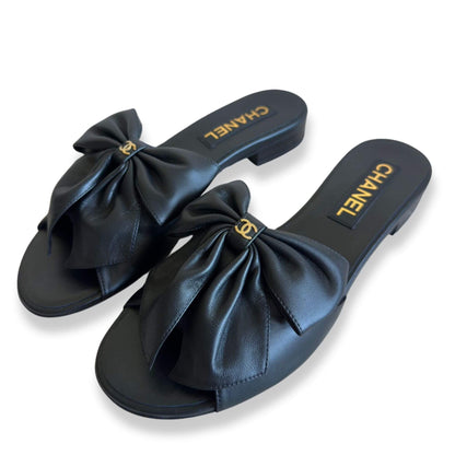 CHANEL BLACK LEATHER LACE SANDALS