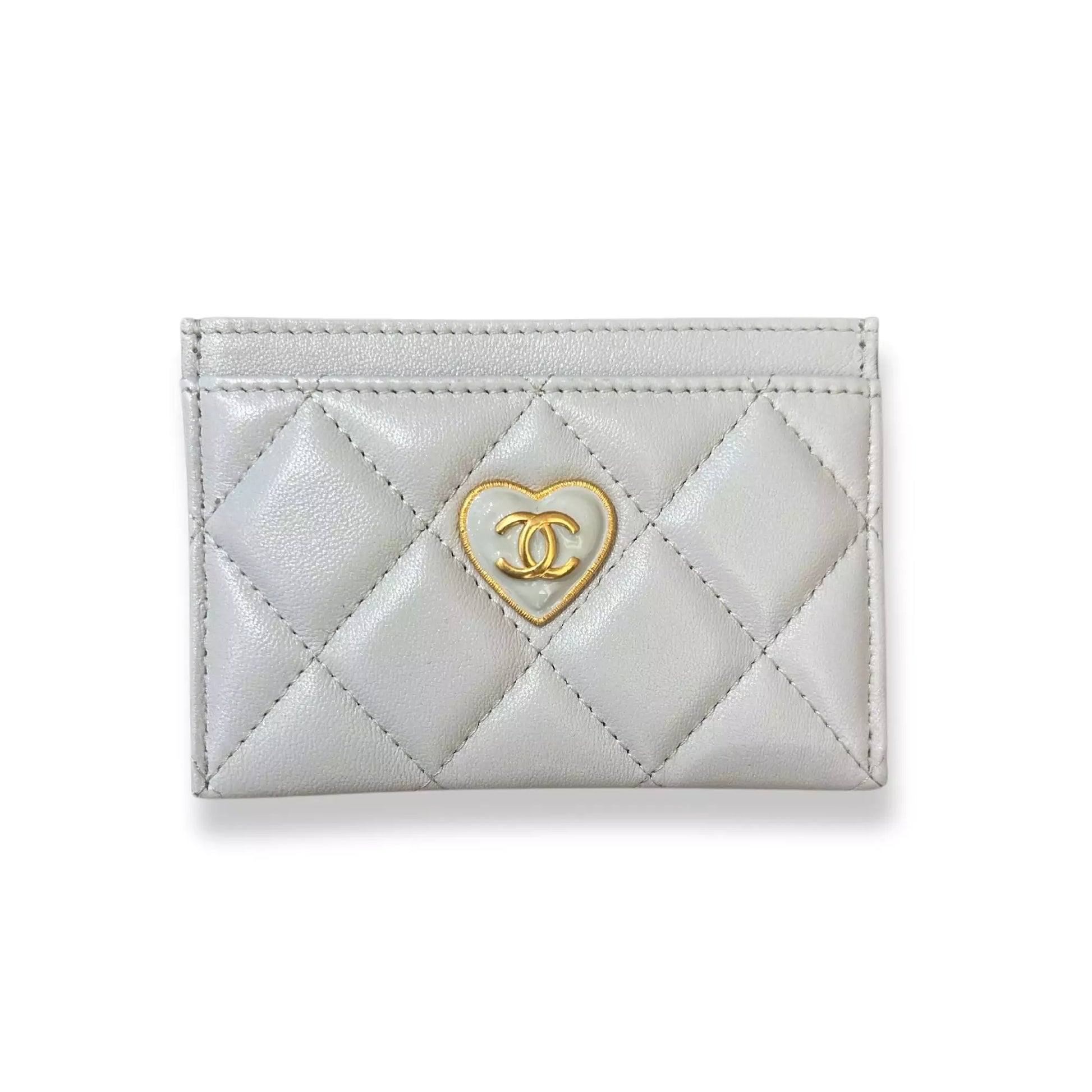 Chanel card holder lambskin leather black silver