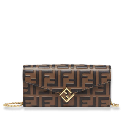 Cartera Fendi Continental FF marrón y negra con diamantes y cadena