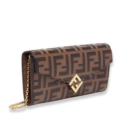 Cartera Fendi Continental FF marrón y negra con diamantes y cadena