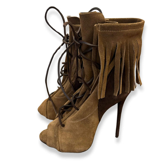 GIUSEPPE ZANOTTI LACE UP FRINGE OPEN TOE BOOTS HEELS