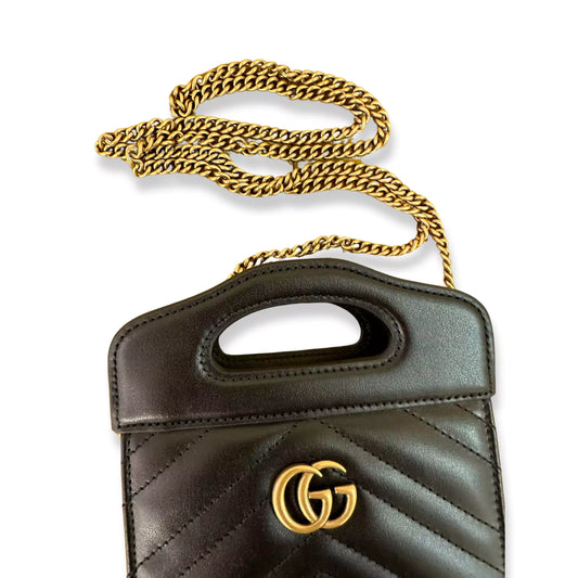 GUCCI BLACK LEATHER GG MARMONT MINI TOTE BAG
