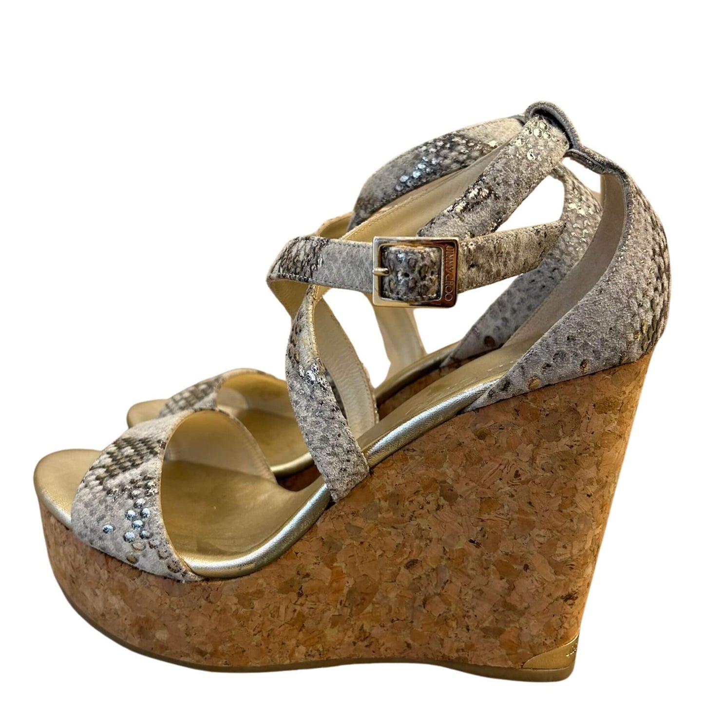 JIMMY CHOO METALLIC SNAKE PRINTED WEDGES