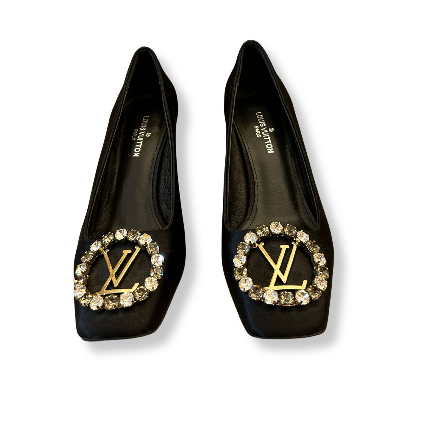 LV CRYSTAL LOGO BLACK HEELS