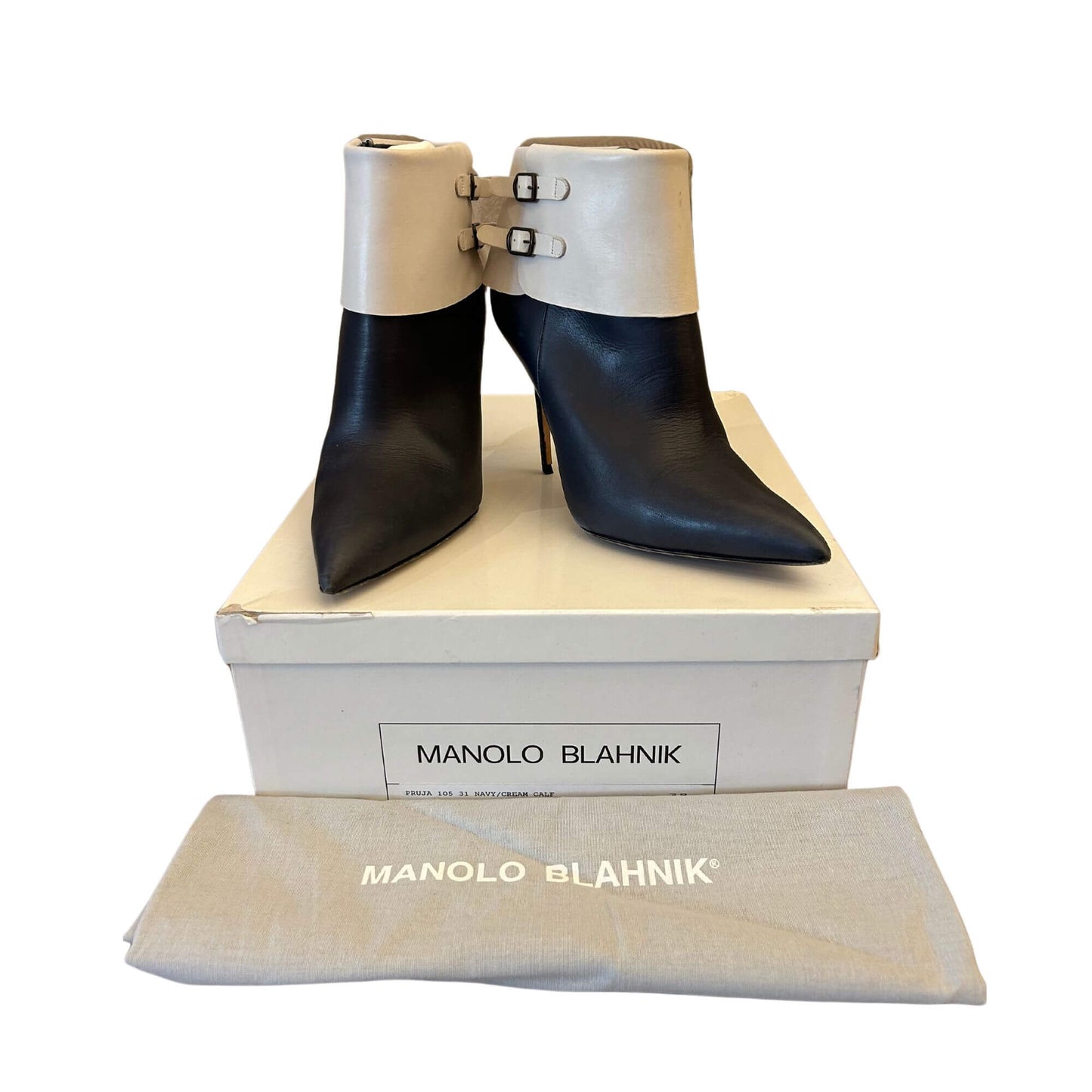 MANOLO BLAHNIK NAVY/CREAM ANKLE BOOTS