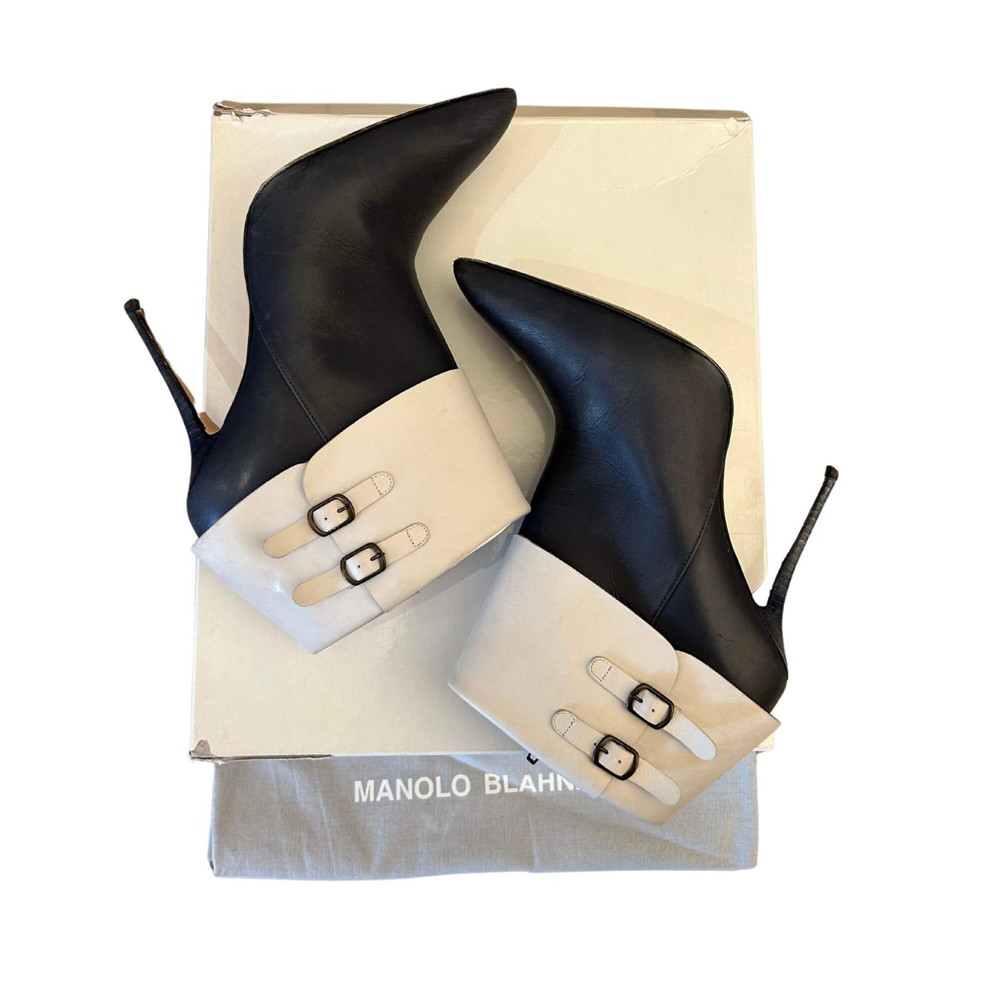 MANOLO BLAHNIK NAVY/CREAM ANKLE BOOTS