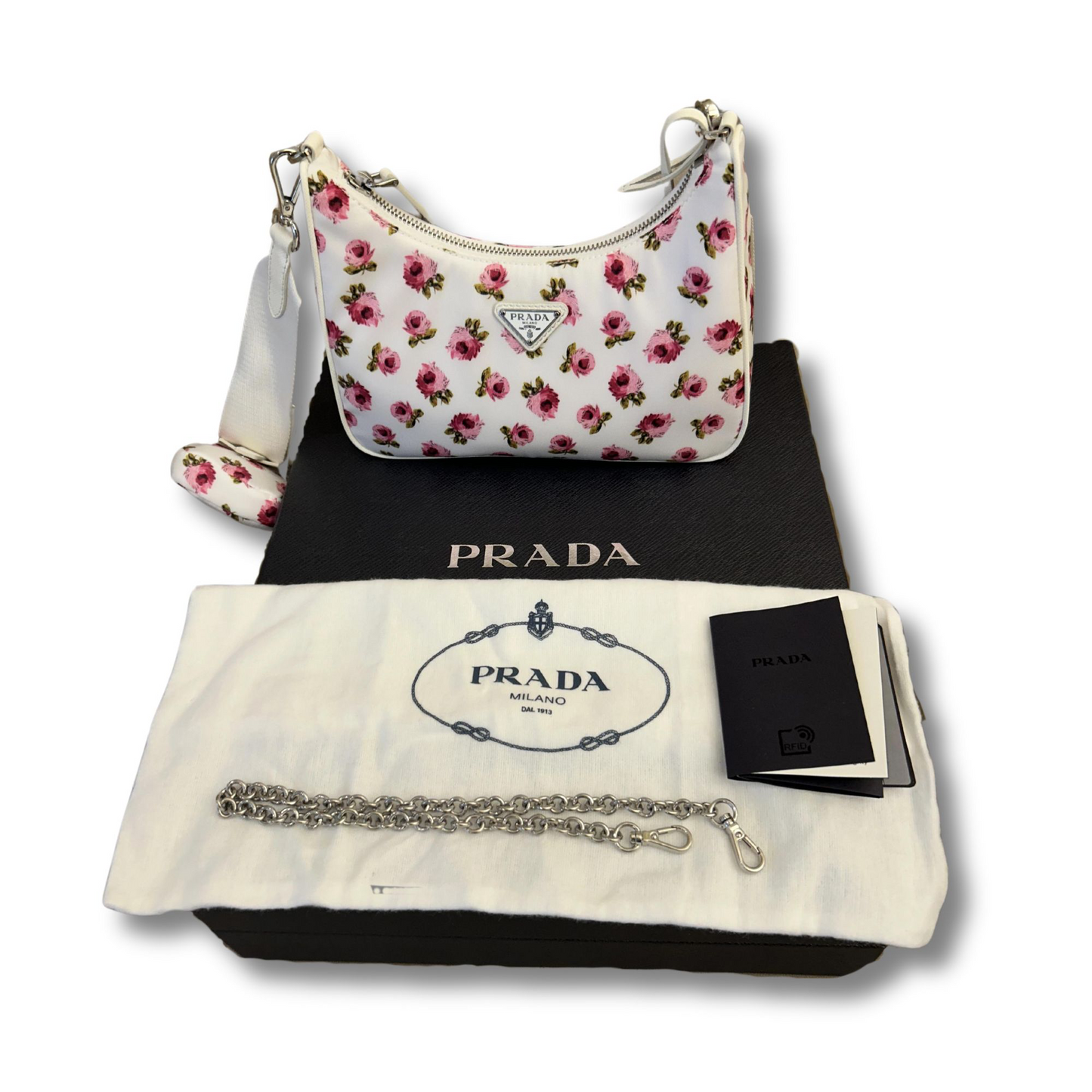 PRADA HOBO TESSUTO MINI PINK AND WHITE FLOWER BAG