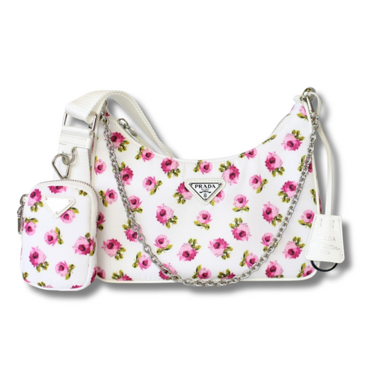 PRADA HOBO TESSUTO MINI PINK AND WHITE FLOWER BAG