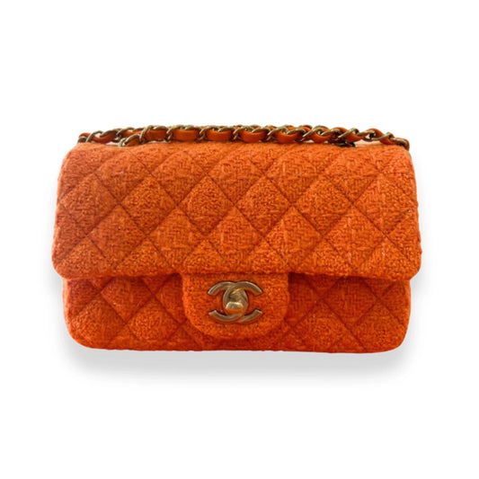 CHANEL TWEED SMALL ORANGE CLASSIC FLAP