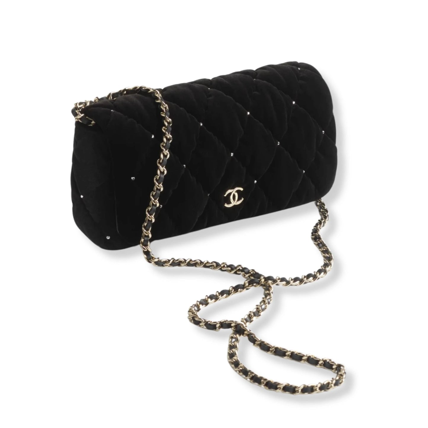 CHANEL BLACK VELVET CLUTCH BAG WITH CHAIN