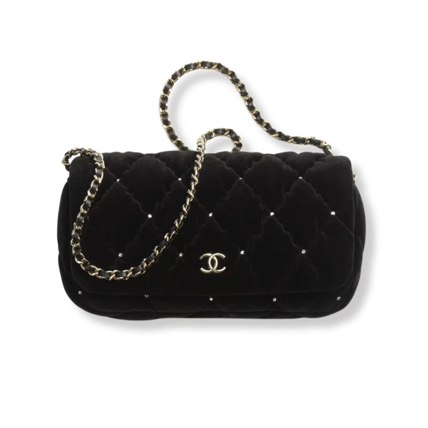 CHANEL BLACK VELVET CLUTCH BAG WITH CHAIN