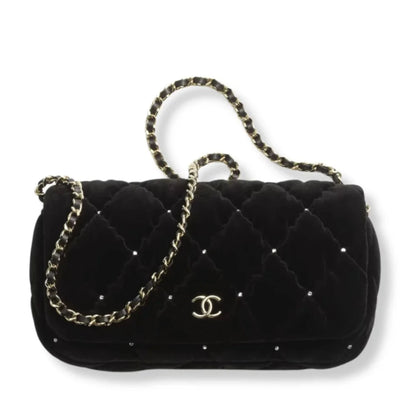 CHANEL BLACK VELVET CLUTCH BAG WITH CHAIN