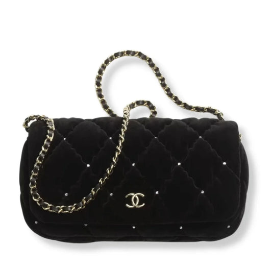 CHANEL BLACK VELVET CLUTCH BAG WITH CHAIN