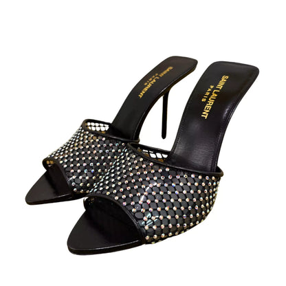 Sandalias altas abiertas de malla negra brillante de Yves Saint Laurent YSL
