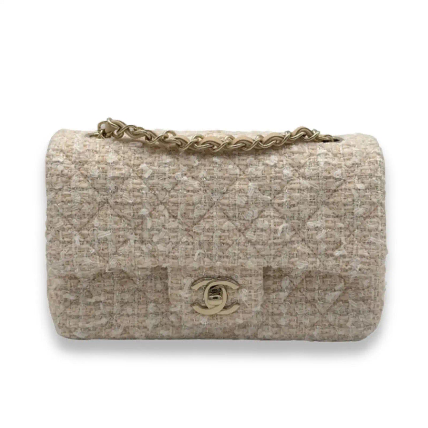 CHANEL BEIGE TWEED MINI CLASSIC FLAP BAG