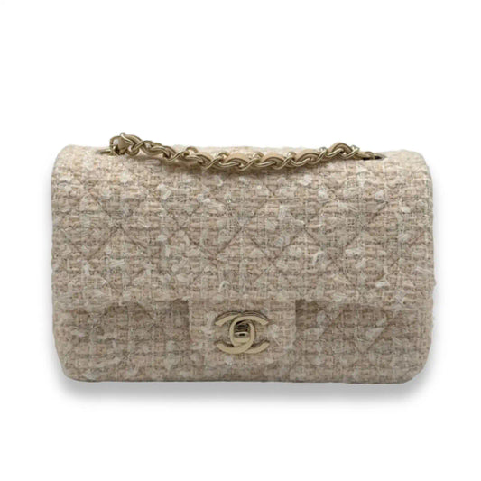 CHANEL BEIGE TWEED MINI CLASSIC FLAP BAG