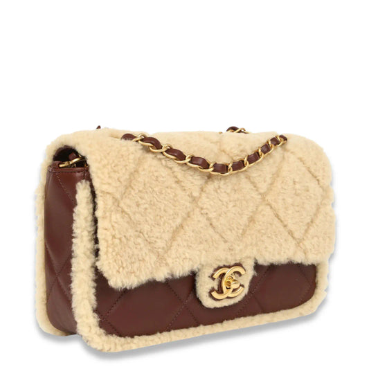 CHANEL BROWN MEDIUM SHEARLING FLAP BAG